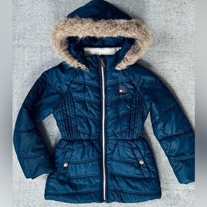 Tommy Hilfiger Girls 6X Puffer Jacket Navy Blue Faux Fur Hood